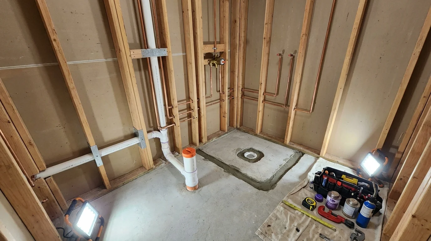 Bathroom rough-in plumbing during remodel by Johns Plumbing LLC in Vinalhaven