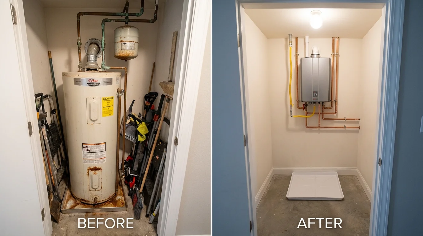 Tank water heater versus wall-mounted tankless unit comparison for Vinalhaven, ME homeowners