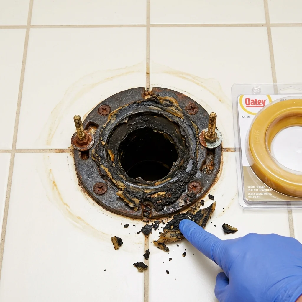 Failed wax ring showing water seepage at the base of a toilet in a Vinalhaven, ME home