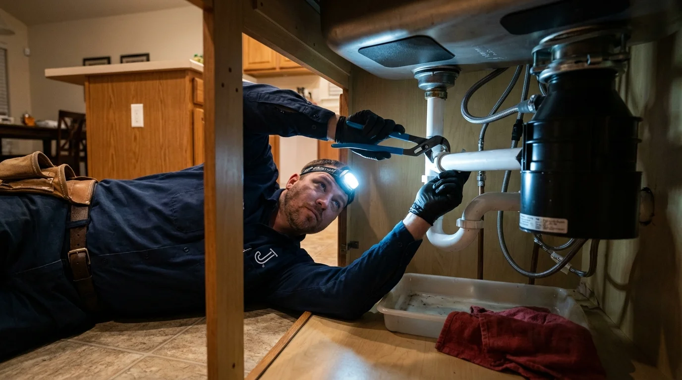 P-trap and supply line connections under a kitchen sink showing a common leak point in Vinalhaven, ME
